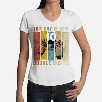 This Boy Is Now Double Digits 10 Year Old Boy 10Th Birthday Women V-Neck T-Shirt | Crazezy AU