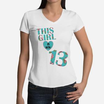 This Girl Is Now 13 Years Old - Flower 13Th Birthday Party Women V-Neck T-Shirt | Crazezy