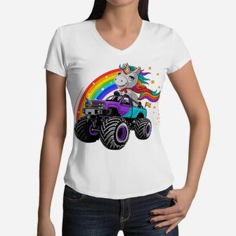 Unicorn Monster Truck Girl Kids Birthday Party Women V-Neck T-Shirt | Crazezy DE