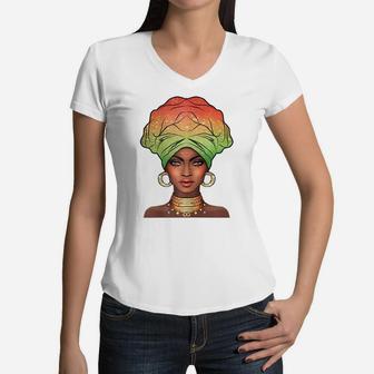 Womens Ankara African Queen Rasta Empress Black Girl Magic Melanin Women V-Neck T-Shirt | Crazezy CA
