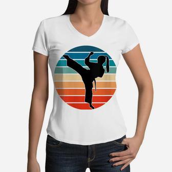 Womens Girls Martial Arts Gift - Karate Kickboxing Retro Design Women V-Neck T-Shirt | Crazezy