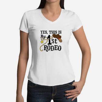 Yes This Is My 1St Rodeo Cowboy Hat With Red Band Women V-Neck T-Shirt | Crazezy CA