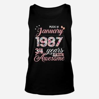 34Th Birthday Floral Gift For Womens Born In January 1987 Unisex Tank Top | Crazezy