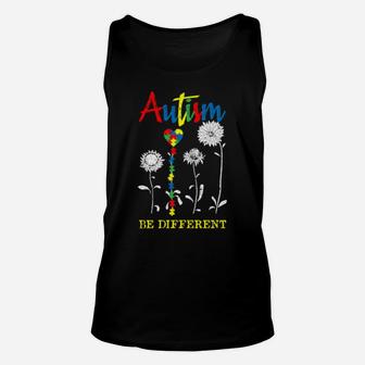 Be Different Autism Awareness Puzzle Heart Sunflower Unisex Tank Top - Monsterry