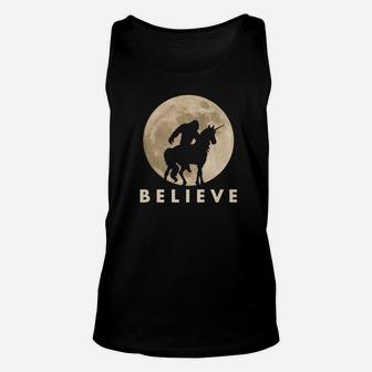 Bigfoot Riding A Unicorn Against A Full Moon Shirt Believe Unisex Tank Top - Thegiftio UK