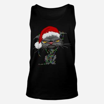 Cat Christmas Lights Grumpy Bored Cat Santa Hat Funny Catmas Unisex Tank Top | Crazezy DE