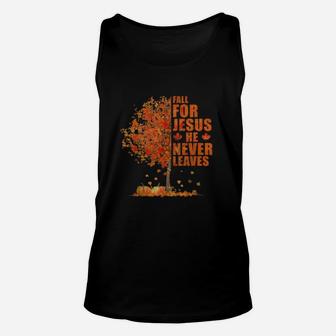 Christian Autumn Fall For Jesus He Never Leaves Clothing Unisex Tank Top - Thegiftio UK