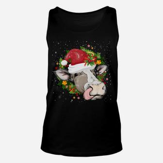 Christmas Cow Head Wreath Cow Wearing Santa Hat Funny Sweatshirt Unisex Tank Top | Crazezy AU
