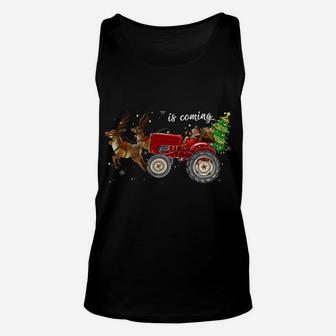 Christmas Is Coming Funny Farmer Santa Claus Tractor Gifts Unisex Tank Top | Crazezy