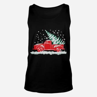Christmas Tree In Back Of Old Red Pick Up Truck Snowing Unisex Tank Top | Crazezy