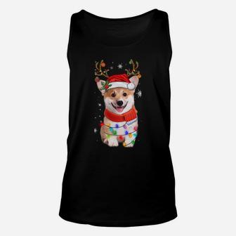 Corgi Dog Christmas Reindeer Santa Hat Xmas Light Pajama Tee Sweatshirt Unisex Tank Top | Crazezy DE