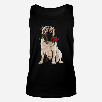 Cute Pug Holding Red Rose Valentines Day Pugs Unisex Tank Top - Monsterry AU