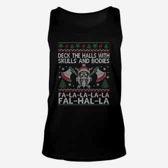 Deck The Halls With Skulls And Bodies Viking Christmas Ugly Sweatshirt Unisex Tank Top | Crazezy