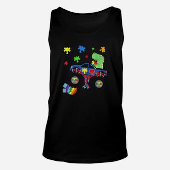 Dinosaur Monster Truck Autism Awareness Puzzle Unisex Tank Top - Monsterry