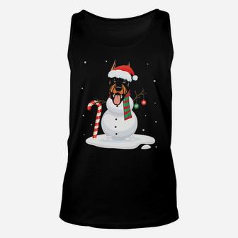 Doberman Snowman Dog With Noel Costume Dancing On Snow Merry Unisex Tank Top - Monsterry