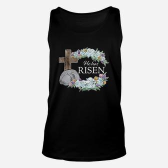 Easter He Has Risen With Cross And Flowers Unisex Tank Top | Crazezy UK
