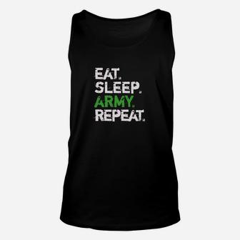 Eat Sleep Army Repeat Distressed Font Cool Military Unisex Tank Top | Crazezy AU
