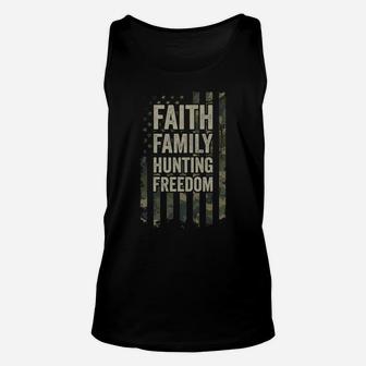 Faith Family Hunting Freedom - Funny Hunter Usa Camo Flag Unisex Tank Top | Crazezy