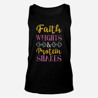 Faith Weights And Protein Shakes Workout Gifts Fitness Gym Unisex Tank Top | Crazezy