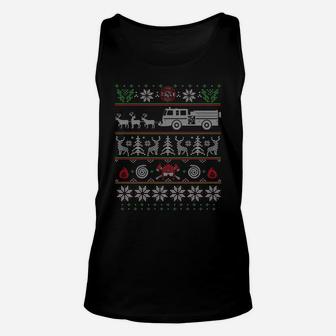 Firefighter Fire Truck Pulled By Reindeer Ugly Christmas Unisex Tank Top | Crazezy