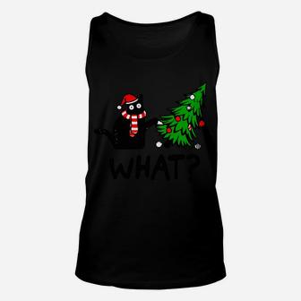 Funny Black Cat Gift Pushing Christmas Tree Over Cat What Unisex Tank Top | Crazezy UK