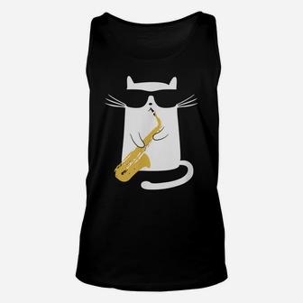 Funny Cat Wearing Sunglasses Playing Saxophone Gift Unisex Tank Top | Crazezy UK