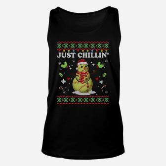 Funny Chillin' Snowman Softball Ball Ugly Christmas Sweater Sweatshirt Unisex Tank Top | Crazezy UK
