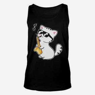 Funny Cool Cat Wearing Sunglasses Playing Saxophone Day Gift Unisex Tank Top | Crazezy
