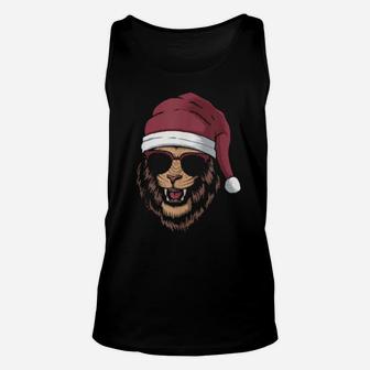 Funny Cool Lion Wearing Sunglasses And Santa Hat Unisex Tank Top - Monsterry