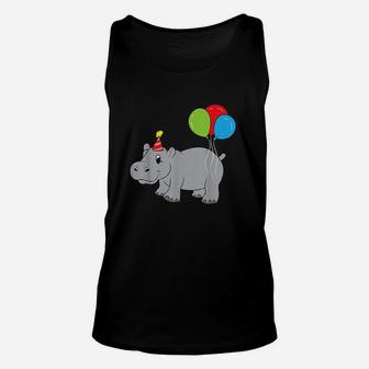 Funny Hippo With Balloon Birthday Hippo Unisex Tank Top | Crazezy