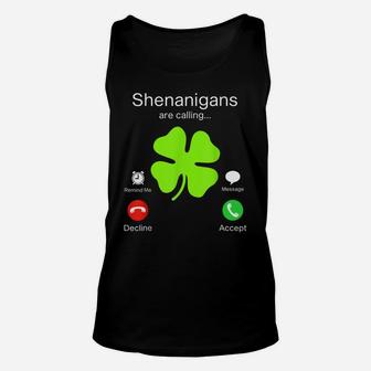 Funny Shenanigans Are Calling St Patricks Day Irish Clover Unisex Tank Top | Crazezy AU