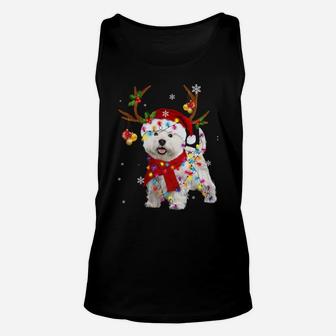 Funny Westie Christmas Tee Reindeer Christmas Lights Pajama Unisex Tank Top | Crazezy