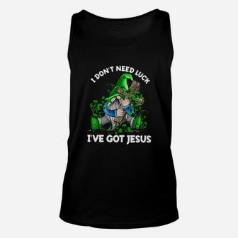 Gnome Hug Cross I Dont Need Luck Ive Got Jesus St Patricks Day Unisex Tank Top - Monsterry UK
