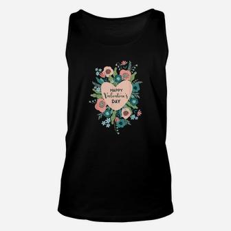 Happy Valentine's Day Floral With Pink Heart & Flowers Shirt Unisex Tank Top - Monsterry
