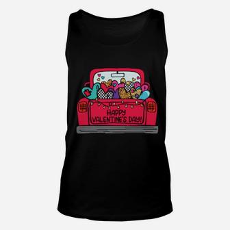 Happy Valentine's Day Vintage Red Truck With Hearts Plaid Unisex Tank Top - Monsterry