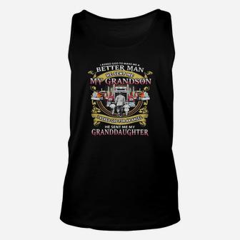 I Asked God To Make A Better Man He Sent Me My Grandson He Sent Me My Granddaughter Trucker Unisex Tank Top - Monsterry CA