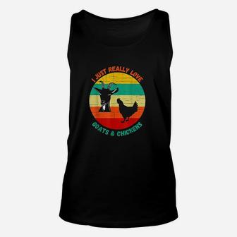 I Just Really Love Goats And Chickens Farmer Retro Sunset Unisex Tank Top | Crazezy