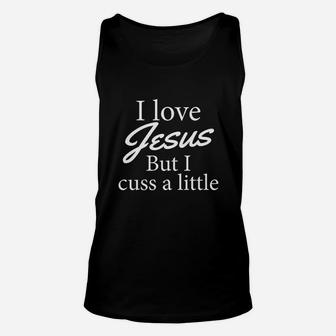 I Love Jesus But I Cuss Little Funny Religious Party Unisex Tank Top | Crazezy
