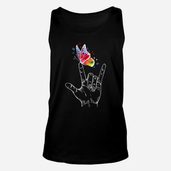 I Love You Hand Sign Language Butterfly Autism Awareness Unisex Tank Top | Crazezy