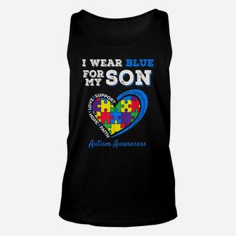 I Wear Blue For My Son Autism Awareness Mom Dad Parents Unisex Tank Top | Crazezy
