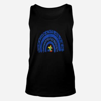 In April We Wear Blue Rainbow Puzzle Autism Awareness Day Unisex Tank Top - Monsterry