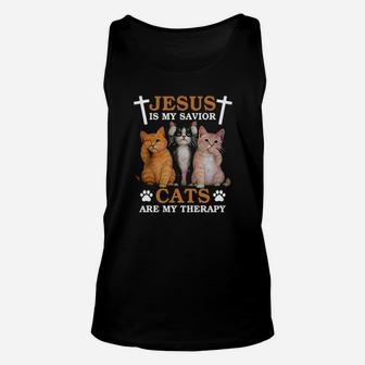 Jesus Is My Savior Cats Are My Therapy Unisex Tank Top - Monsterry