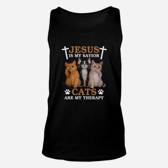 Jesus Is My Savior Cats Are My Therapy Unisex Tank Top - Monsterry