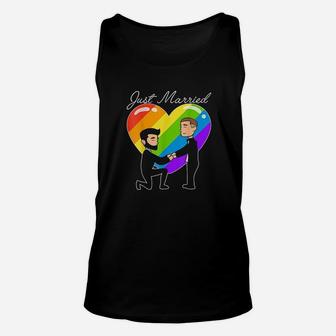 Just Married Gay Couple Just Married Rainbow Heart Print Unisex Tank Top | Crazezy