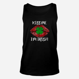 Kiss Me Im Irish Saint Patricks Day Red Lips Shamrock Unisex Tank Top - Monsterry DE