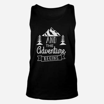 Ladies Adventure Begins Camping Rocker Unisex Tank Top | Crazezy