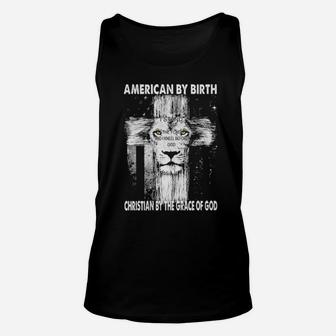 Lion American By Birth Christian By The Grace Of God American Flag Unisex Tank Top - Monsterry