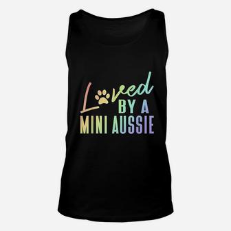 Loved By A Mini Aussie Rainbow Paw Print Australian Shepherd Unisex Tank Top - Thegiftio UK