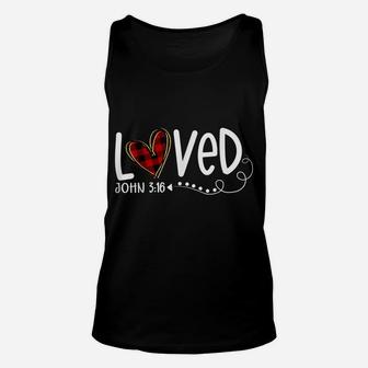 Loved John 316 Red Plaid Heart Christian Valentine's Day Unisex Tank Top | Crazezy