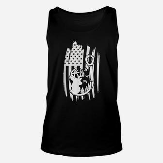 Mens Hunting Deer Fishing Gifts Usa Flag American Themed Decor Unisex Tank Top | Crazezy